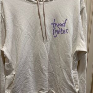 allbirds Cream Crewneck Sweatshirt with Purple Tread Lighter Chest and back Logo